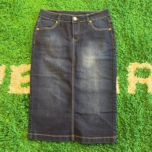 DE GIRL USA Dark Wash Denim Pencil Skirt Size S Midi Length Button Fly